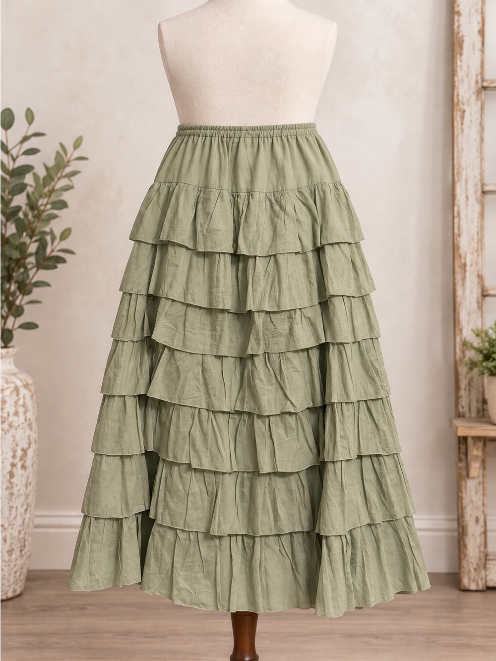 Mustard Seed Sage Green Tiered Ruffle Boho Maxi Skirt NWT